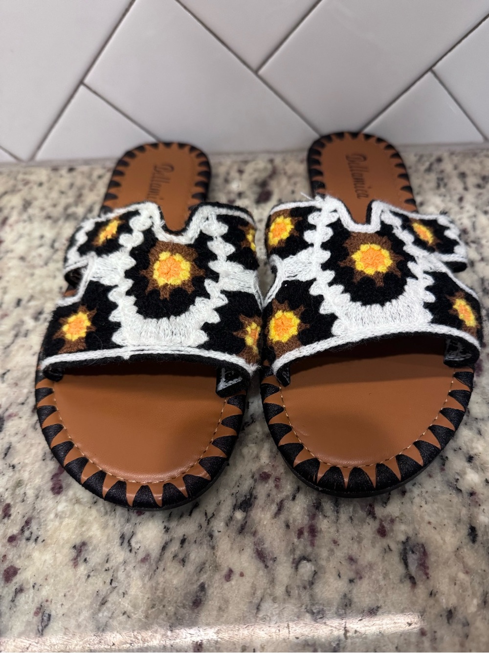 Bellamica Embroidered Slide Sandals in Black, White & Yellow